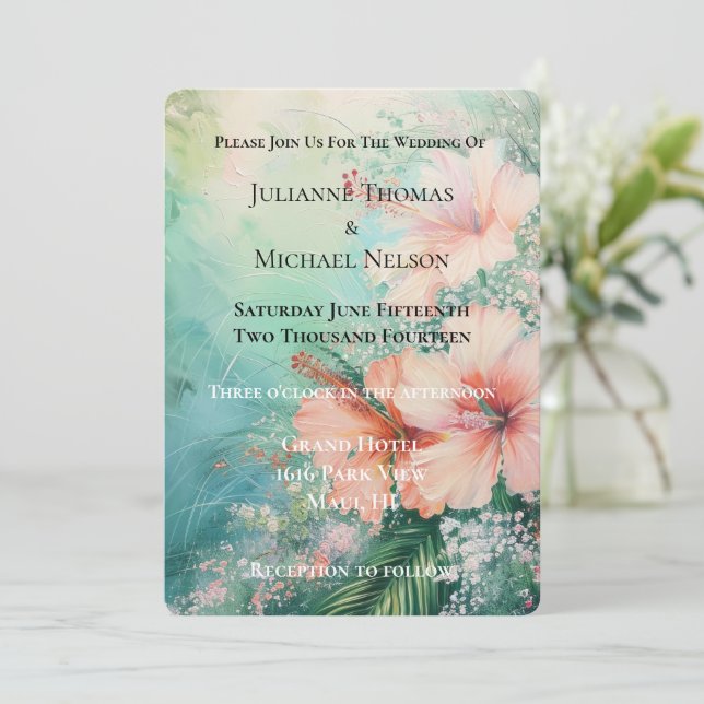 Tropical Peach White Hibiscus Floral Wedding Invitation (Standing Front)