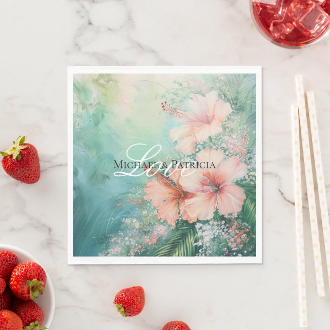Tropical Peach White Hibiscus Floral Wedding Napkin (Insitu)