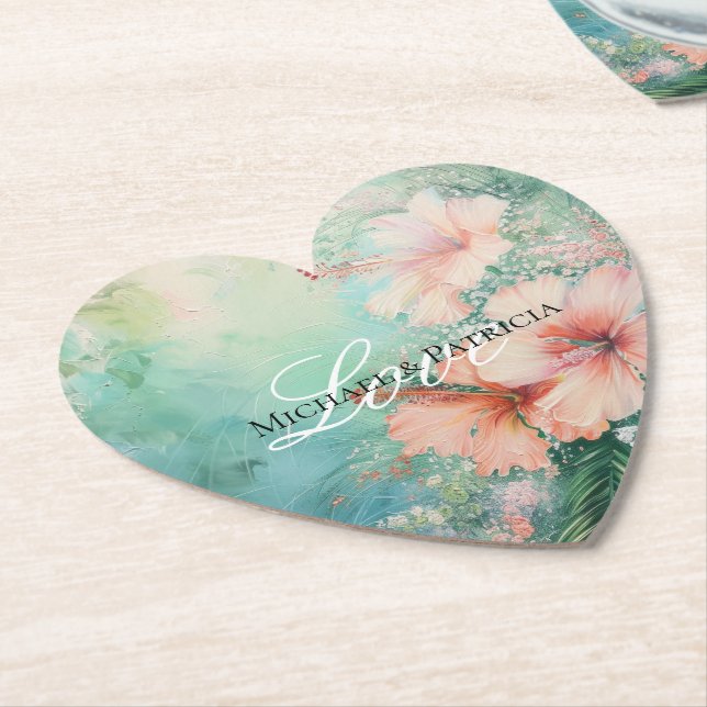 Tropical Peach White Hibiscus Floral Wedding Paper Coaster (Angled)