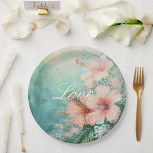 Tropical Peach White Hibiscus Floral Wedding Paper Plate