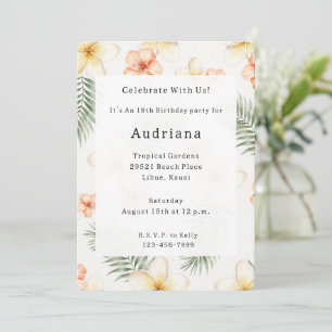 Tropical Peach White Hibiscus Flowers Birthday Invitation
