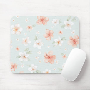 Tropical Peach White Hibiscus Flowers Mouse Mat