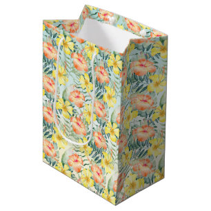 Tropical Peach Yellow Hibiscus Flowers Mint Ombre Medium Gift Bag