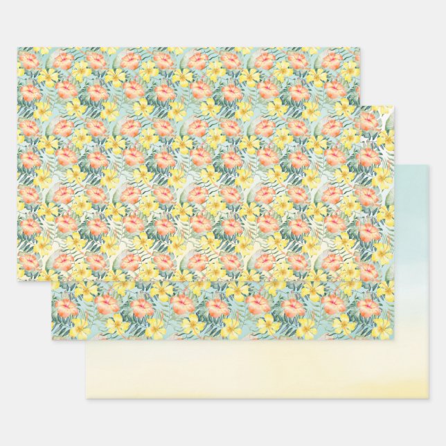 Tropical Peach Yellow Hibiscus Flowers Mint Ombre Wrapping Paper Sheet (Set)