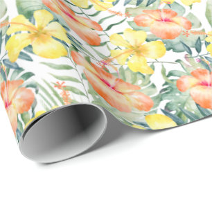 Tropical Peach Yellow Hibiscus Flowers Wrapping Paper