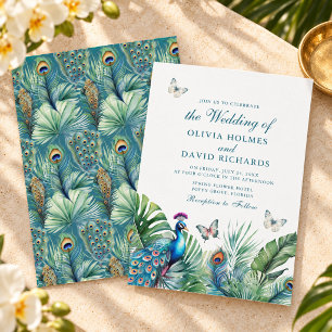 Tropical Peacock Feathers Butterflies Wedding Invitation