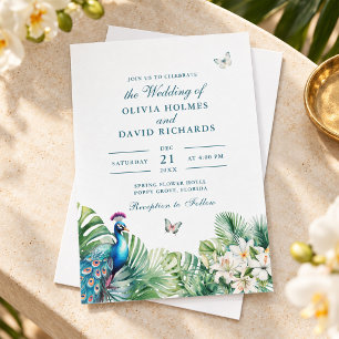 Tropical Peacock Feathers Butterflies Wedding Invitation
