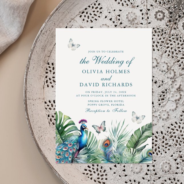 Tropical Peacock Feathers Butterflies Wedding Invitation (Tropical Peacock Feathers Butterflies Wedding Invitation on a neutral boho plate.)