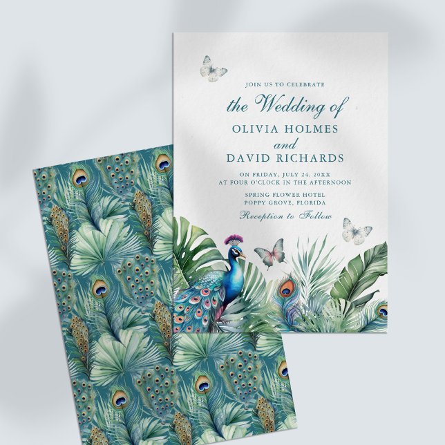 Tropical Peacock Feathers Butterflies Wedding Invitation (Tropical Peacock Feathers Butterflies Wedding Invitation on a white table.)