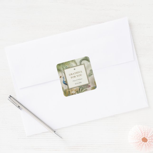 Tropical Peacock Palm Grateful For You Wedding Square Sticker (Envelope)