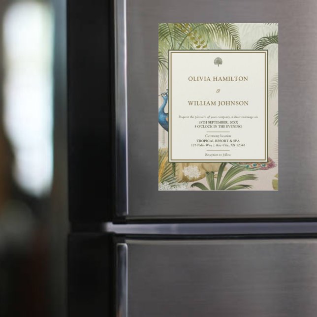 Tropical Peacock Palm Magnetic Wedding Invitation  (Tropical peacock palm wedding invitation magnet that is stylish, practical, and unforgettable.)