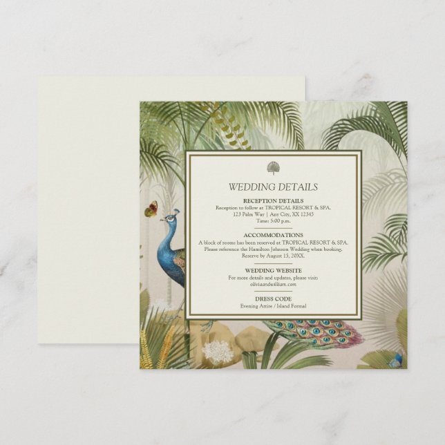 Tropical Peacock Palm Wedding Details Card (Front/Back)
