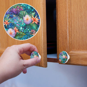 Tropical Pebbles and Flowers Ceramic Knob