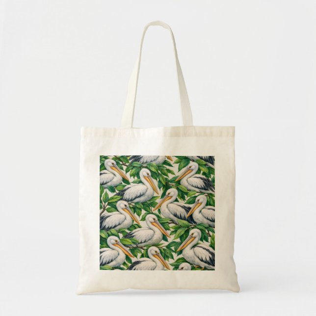 Tropical Pelican and Green Leaf Pattern Tote Bag (Front)