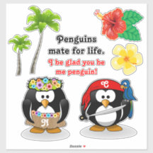 Tropical Penguins Couple Hula Pirate Coconut Trees