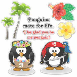 Tropical Penguins Couple Hula Pirate Coconut Trees