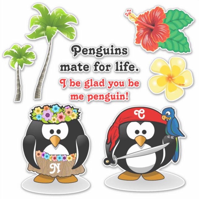Tropical Penguins Couple Hula Pirate Coconut Trees (Front)