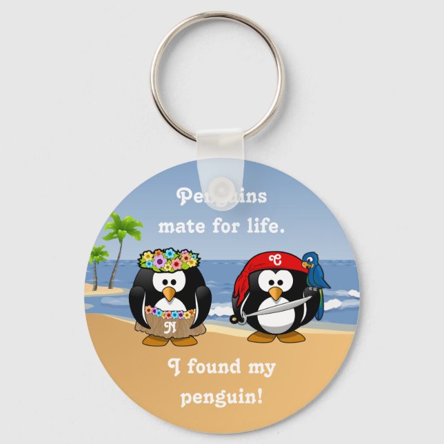 Tropical Penguins Couple Hula Pirate Island Beach Key Ring (Front)