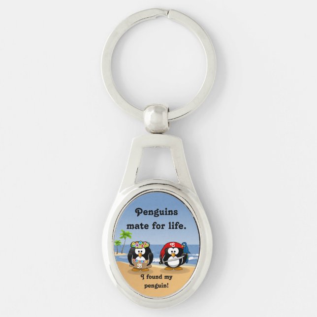 Tropical Penguins Couple Hula Pirate Island Beach Key Ring (Front)