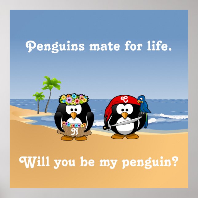 Tropical Penguins Couple Hula Pirate Island Beach Poster (Front)