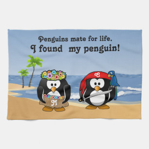 Tropical Penguins Couple Hula Pirate Island Beach Tea Towel