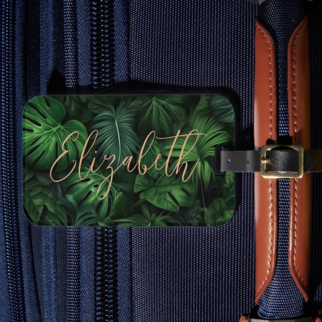Tropical Personalised Monstera Gold Script Name Luggage Tag (Front Insitu 4)