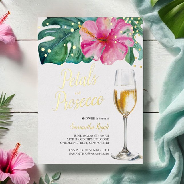 Tropical Petals and Prosecco Bridal Shower (bridal shower invitations tropical pink flowers gold foil brunch invitations)