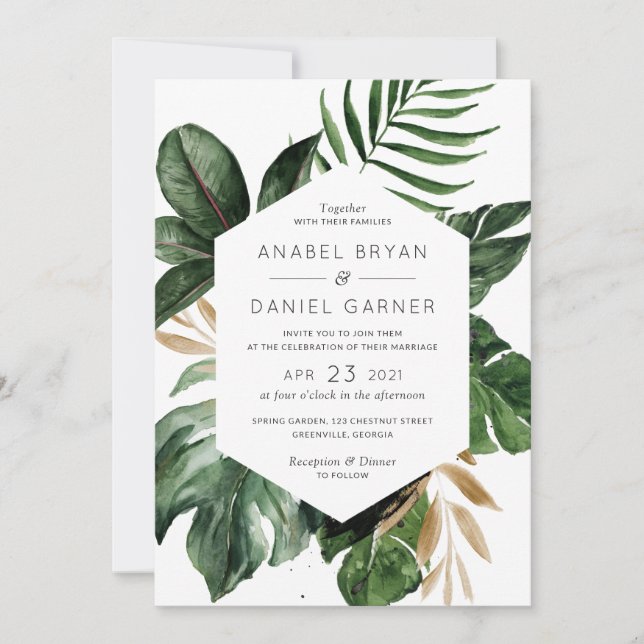 Tropical Philodendron Palm Leaves Modern Wedding Invitation (Front)