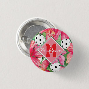 🌺🌴Tropical pickleball with hibiscus, with name 3 Cm Round Badge