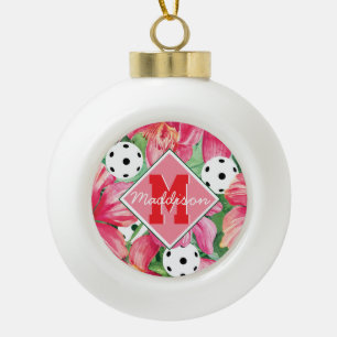 🌺🌴Tropical pickleball with hibiscus, with name Ceramic Ball Christmas Ornament