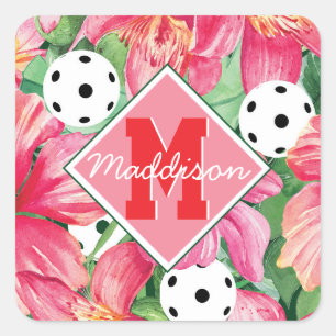 🌺🌴Tropical pickleball with hibiscus, with name Square Sticker