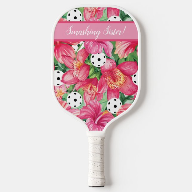 🌺🌴Tropical pickleball with hibiscus, with text  Pickleball Paddle (Front)