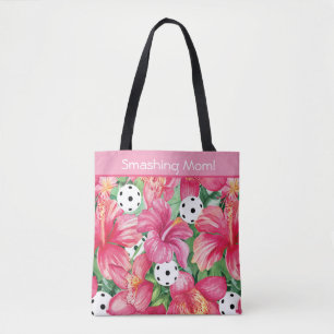 🌺🌴Tropical pickleball with hibiscus, with text Tote Bag