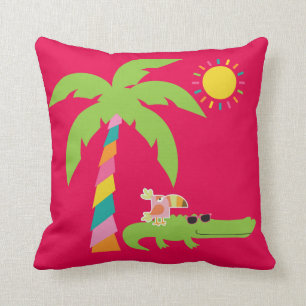 Tropical pillow with Alligator, Flamingo, Toucan