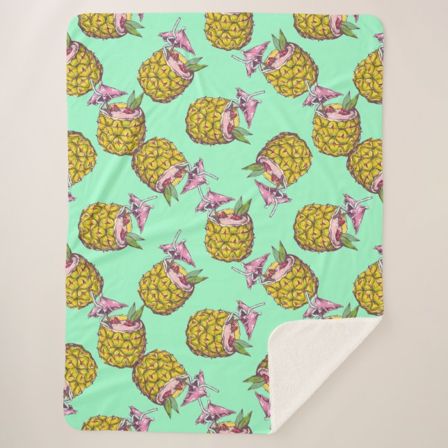 Tropical Piña Colada Pattern –Refreshing Summer Sherpa Blanket (Front)