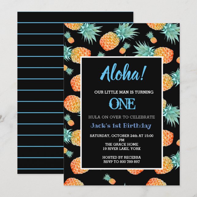 Tropical Pineapple 1st First Boy Birthday Invitation (Front/Back)