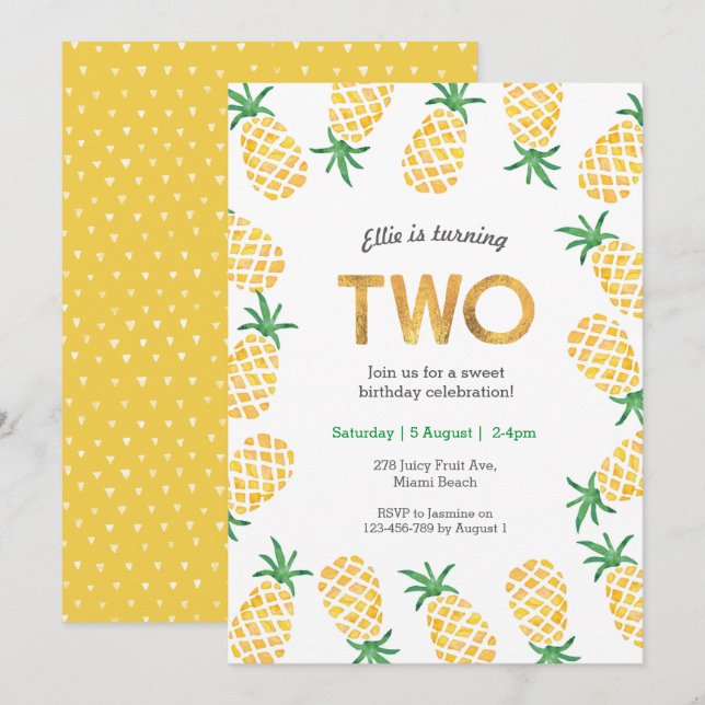 Tropical pineapple 2nd Birthday Invitation (Front/Back)