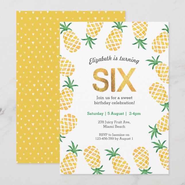 Tropical pineapple 6th Birthday Invitation (Front/Back)