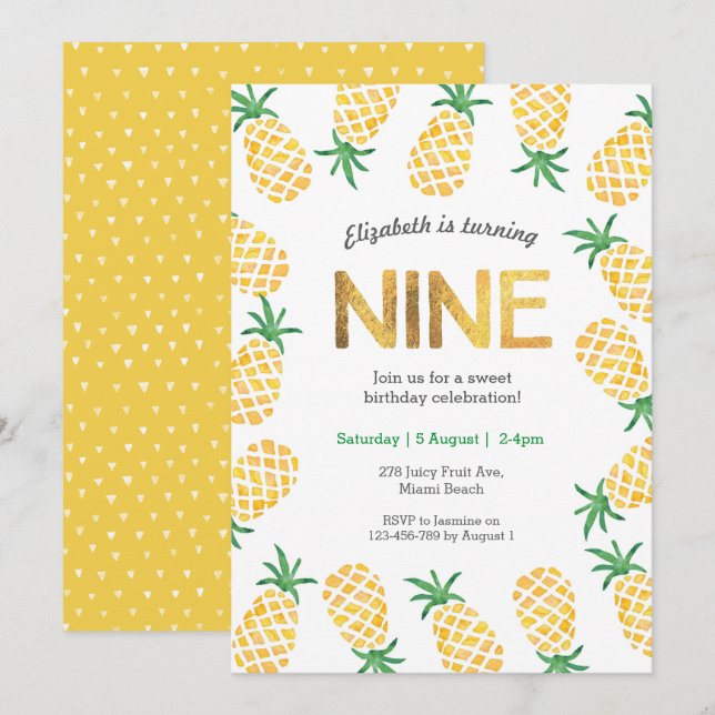 Tropical pineapple 9th Birthday Invitation (Front/Back)