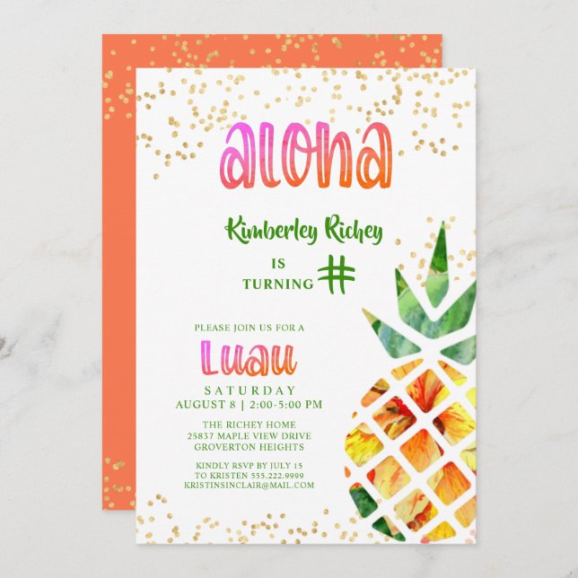 Tropical Pineapple Aloha ANY AGE Birthday Luau Invitation (Front/Back)