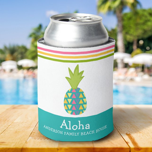 Tropical Pineapple Aloha Beach House Luau Teal Can Cooler (Creator Uploaded)