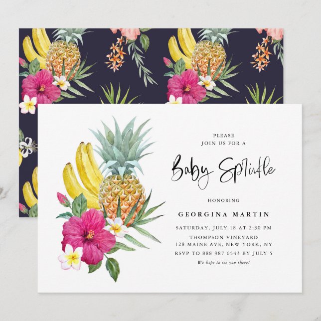 Tropical Pineapple and Hibiscus Baby Sprinkle Invitation (Front/Back)