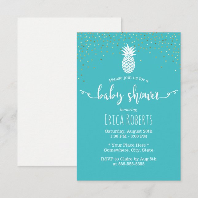 Tropical Pineapple Baby Shower Modern Turquoise Invitation (Front/Back)