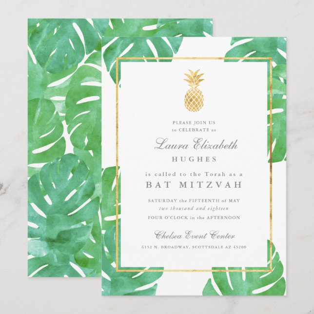 Tropical Pineapple Bat Mitzvah invitation (Front/Back)