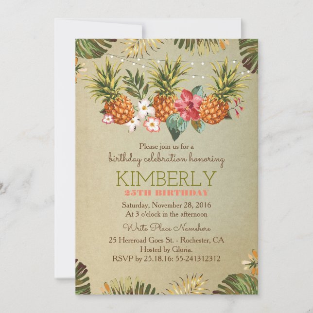 tropical pineapple beach lights birthday party invitation (Front)