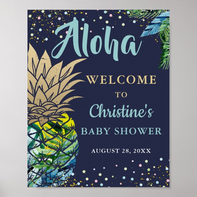 Tropical Pineapple Beach Navy Blue Baby Shower Poster (Front)