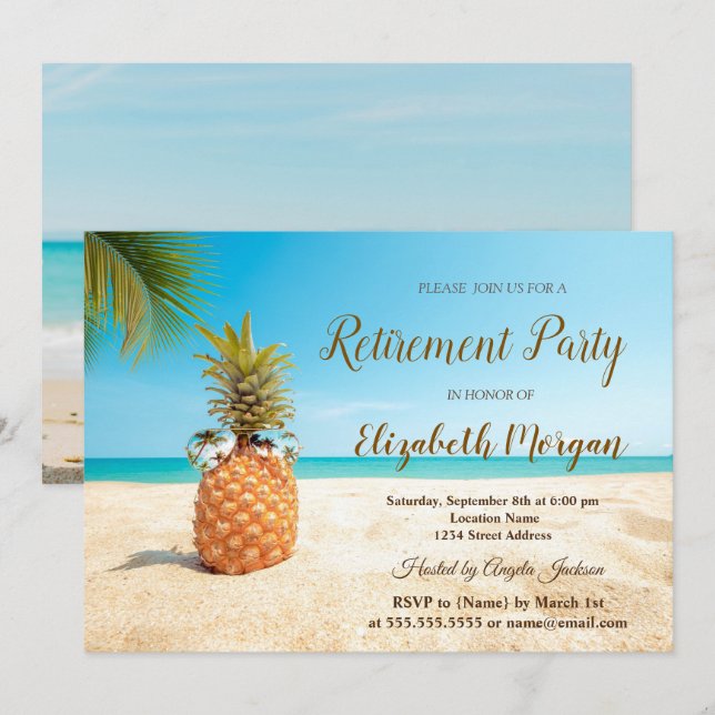 Tropical Pineapple Beach Sand Retirement Party  Invitation (Front/Back)