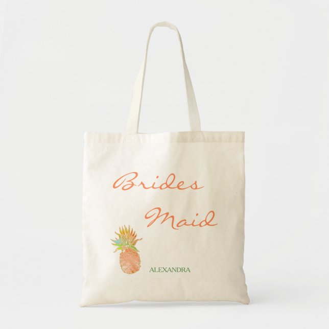 Tropical pineapple beach wedding peachy bridesmaid tote bag (Front)