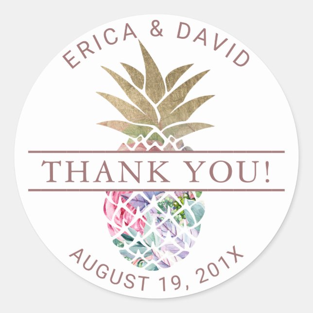 Tropical Pineapple Beach Wedding Thank You Classic Round Sticker (Front)