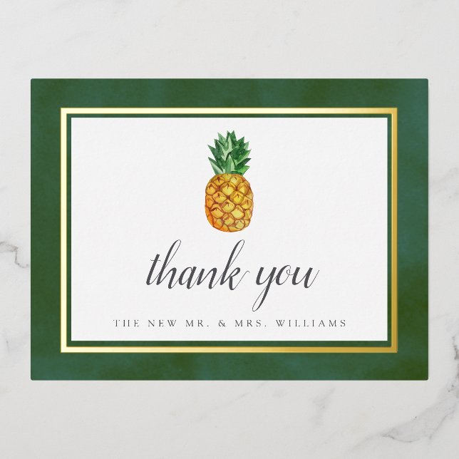 Tropical Pineapple Beach Wedding Thank You Real Foil Invitation Postcard (Front)